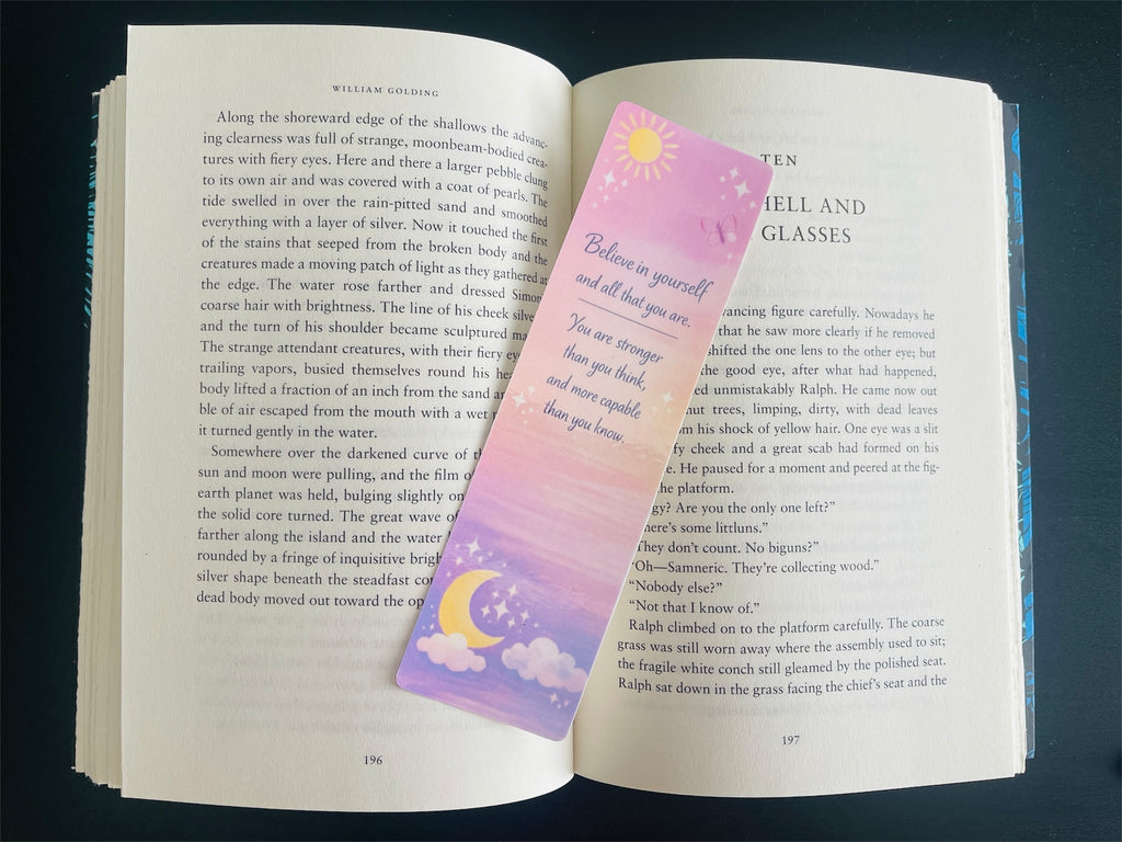 Celestial Bookmark Laminated, Pastel Sun Moon Stars, Motivational Quote Bookmark