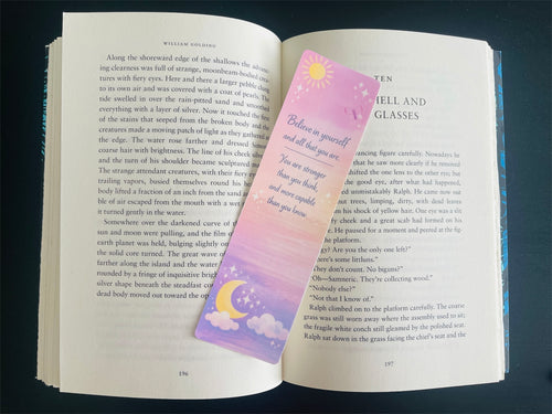 Celestial Bookmark Laminated, Pastel Sun Moon Stars, Motivational Quote Bookmark