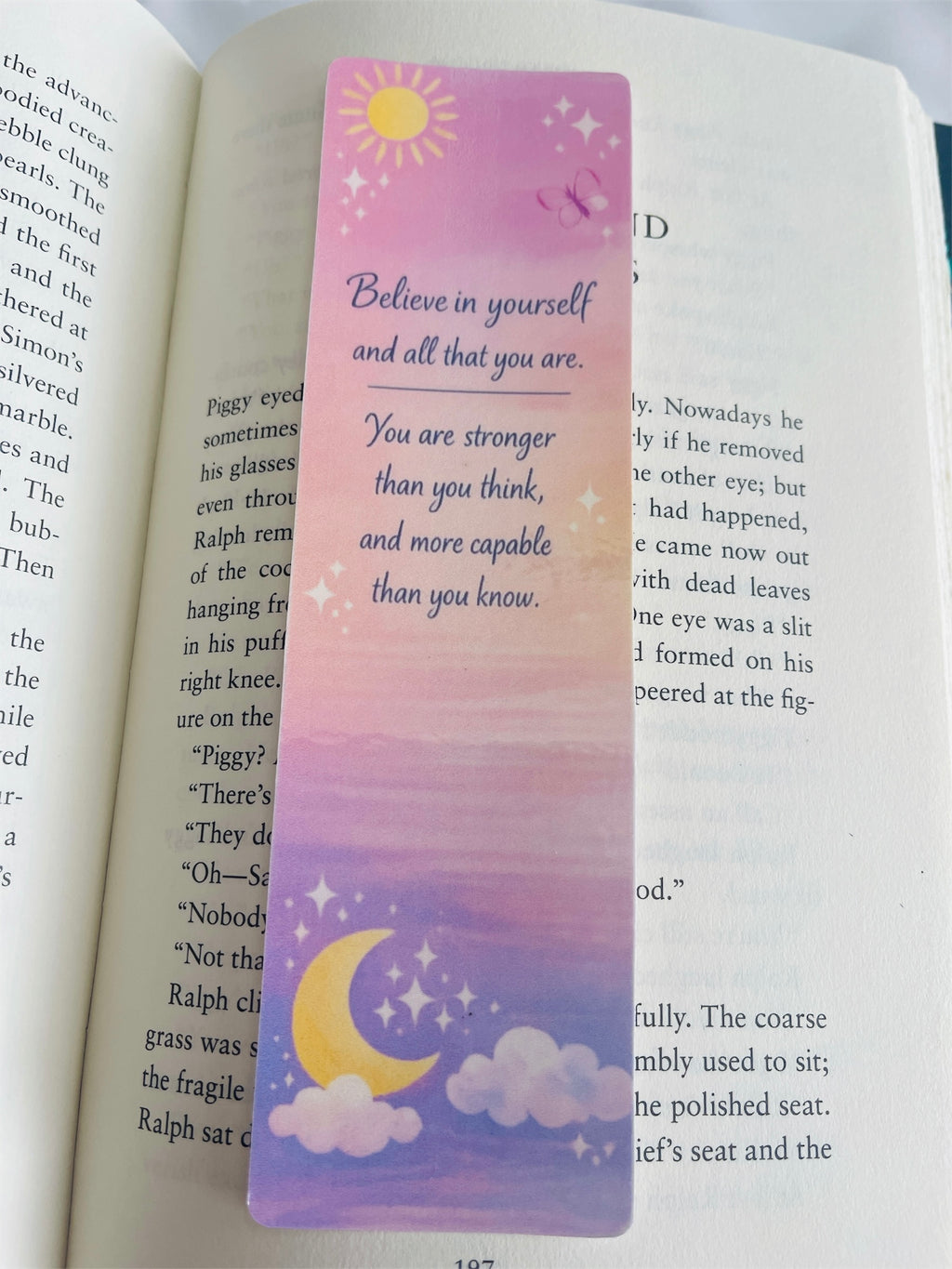 Celestial Bookmark Laminated, Pastel Sun Moon Stars, Motivational Quote Bookmark