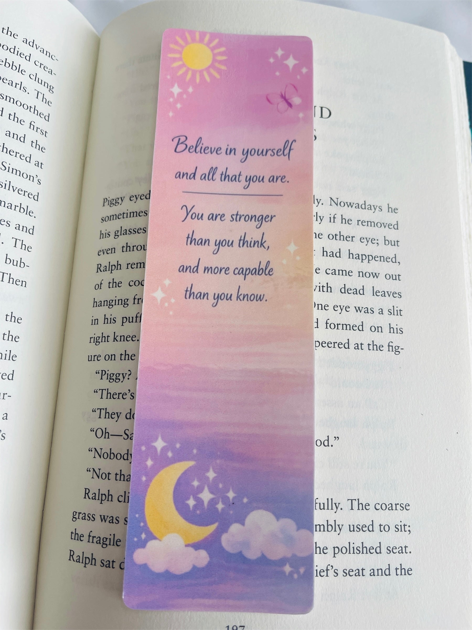Celestial Bookmark Laminated, Pastel Sun Moon Stars, Motivational Quote Bookmark