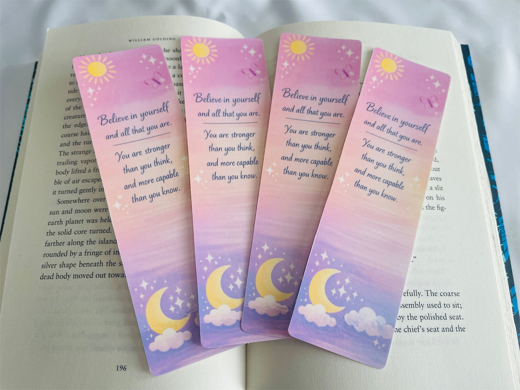 Celestial Bookmark Laminated, Pastel Sun Moon Stars, Motivational Quote Bookmark
