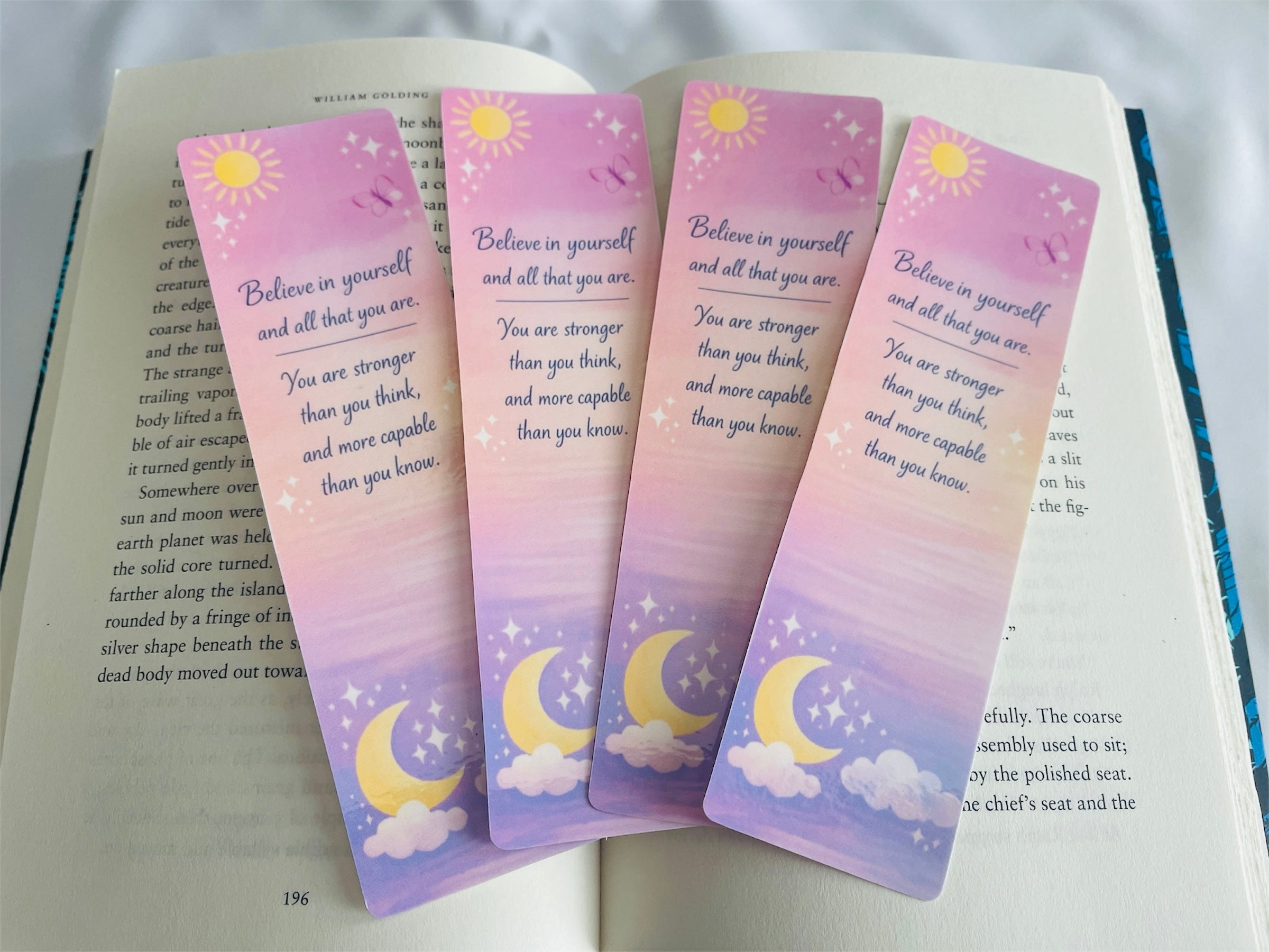 Celestial Bookmark Laminated, Pastel Sun Moon Stars, Motivational Quote Bookmark